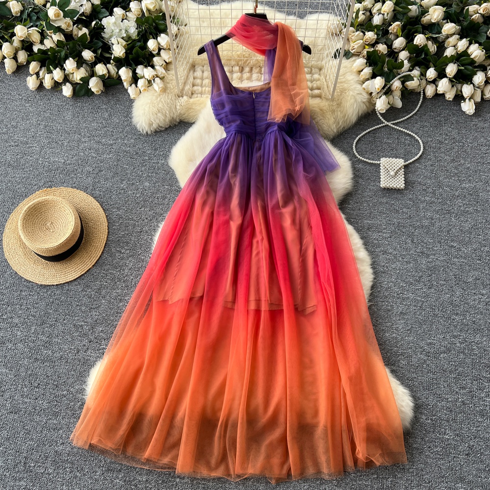 Fold pinched waist slim dress elegant gradient formal dress