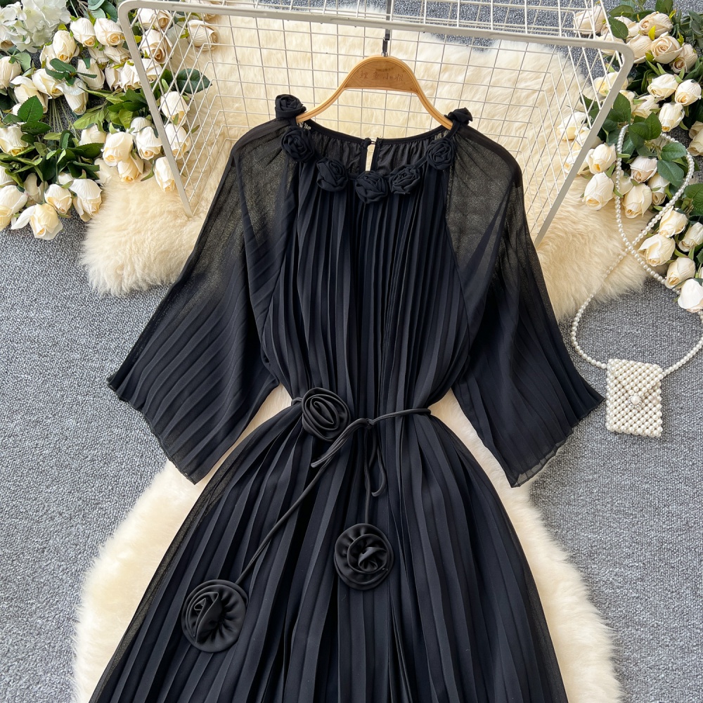 Autumn round neck dress chiffon flowers long dress for women