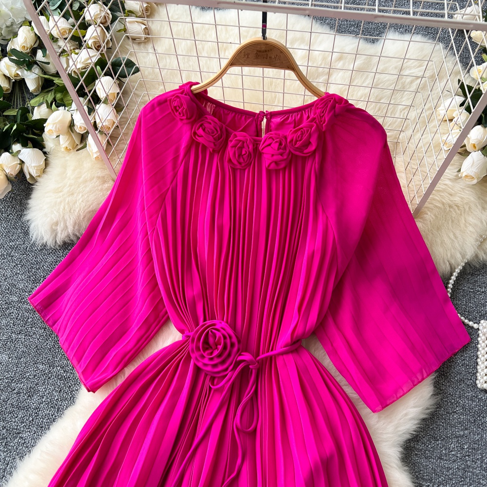 Autumn round neck dress chiffon flowers long dress for women