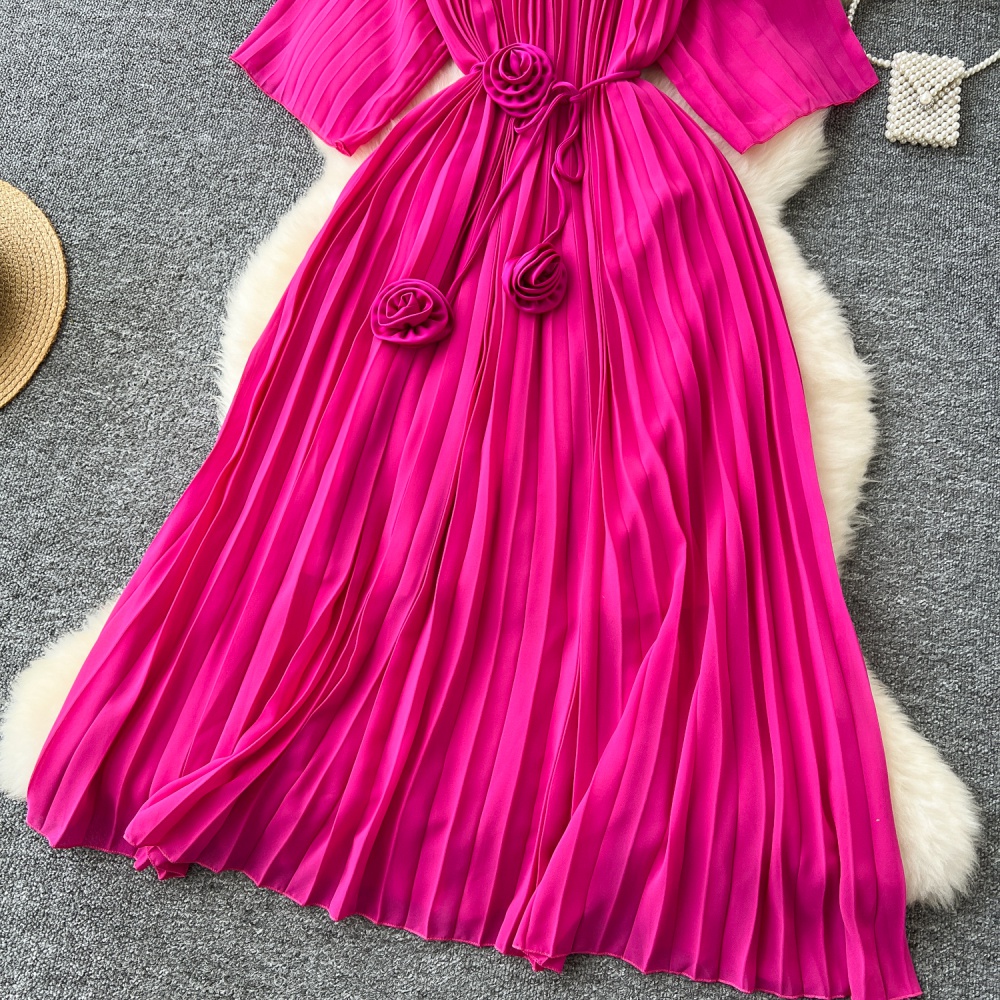 Autumn round neck dress chiffon flowers long dress for women