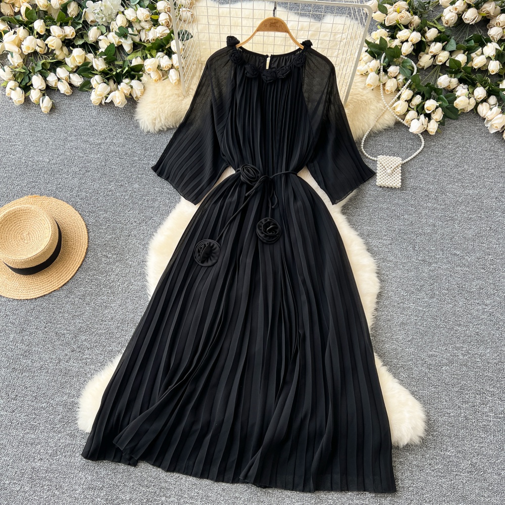 Autumn round neck dress chiffon flowers long dress for women