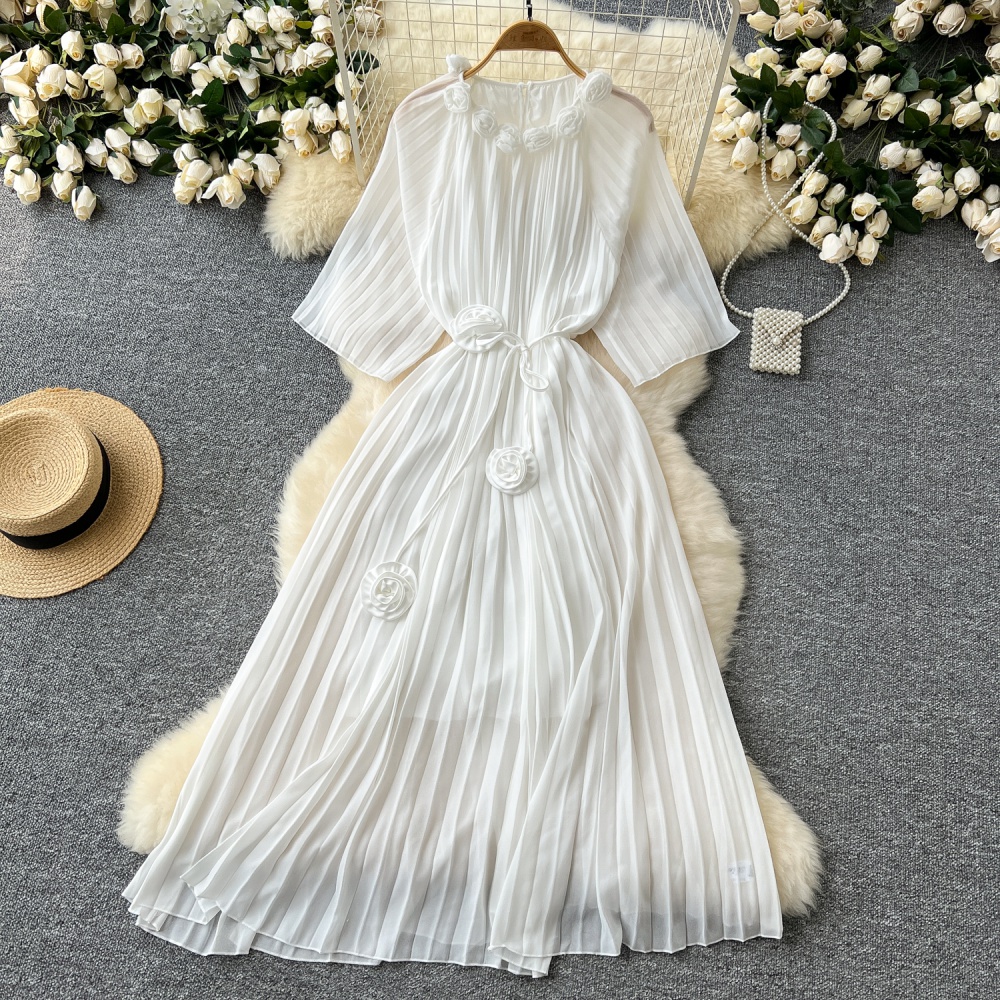 Autumn round neck dress chiffon flowers long dress for women