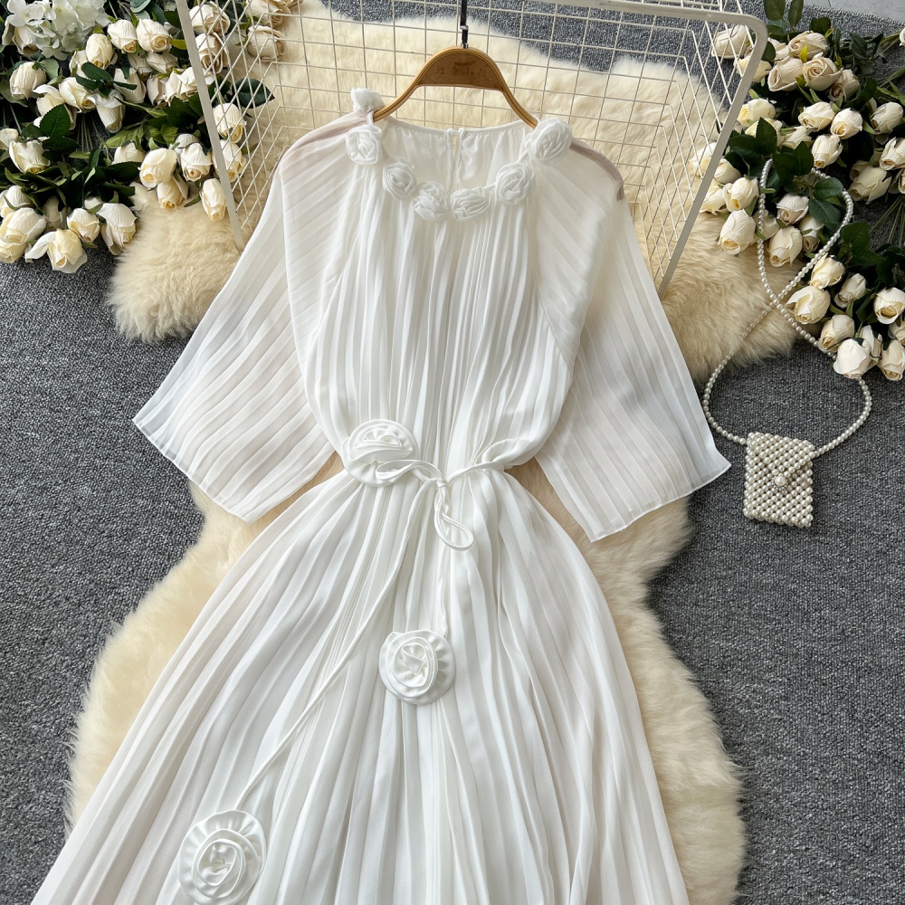 Autumn round neck dress chiffon flowers long dress for women