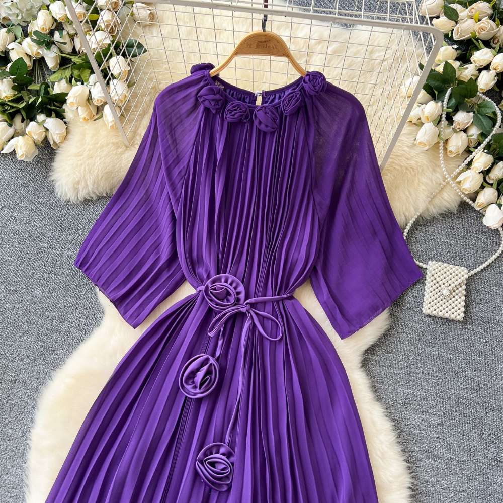 Autumn round neck dress chiffon flowers long dress for women