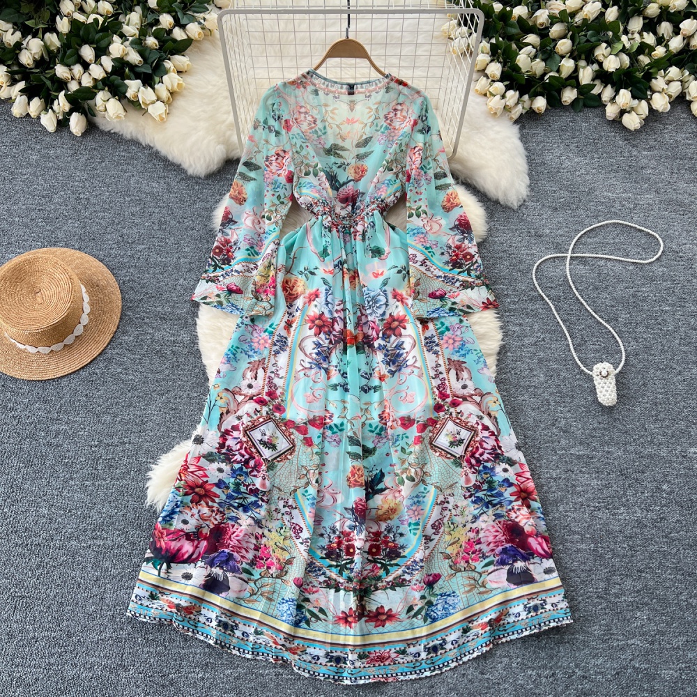 Slim long sleeve long dress court style retro dress