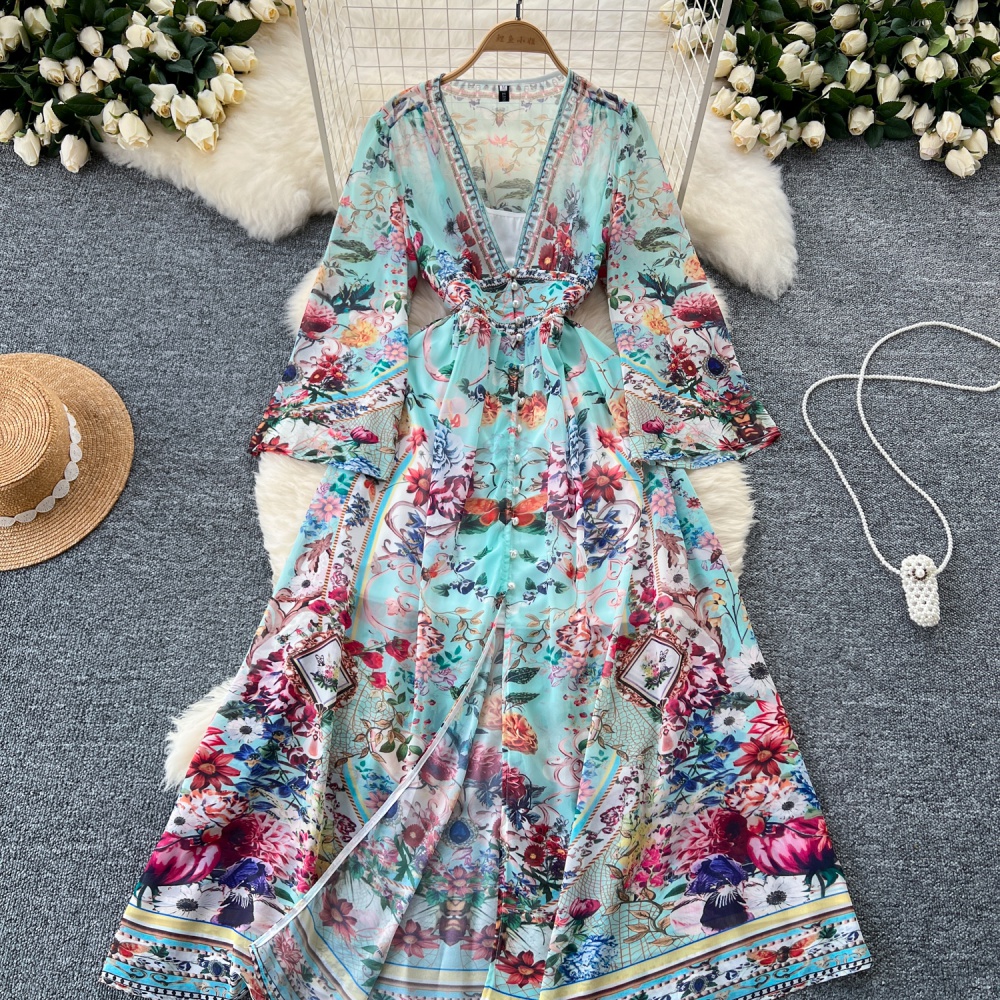 Slim long sleeve long dress court style retro dress