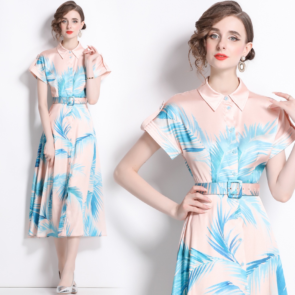 Summer lapel long dress printing short sleeve dress