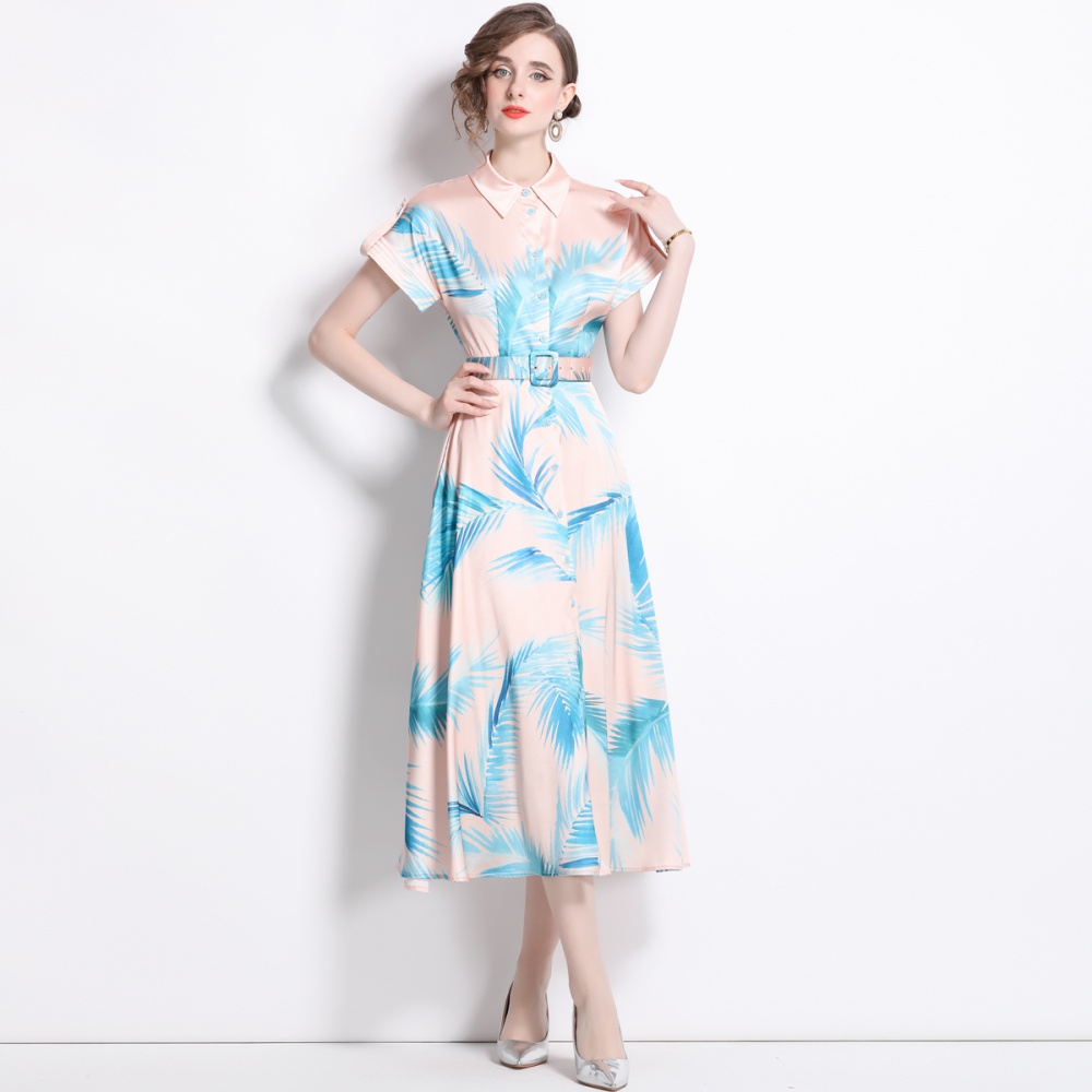 Summer lapel long dress printing short sleeve dress