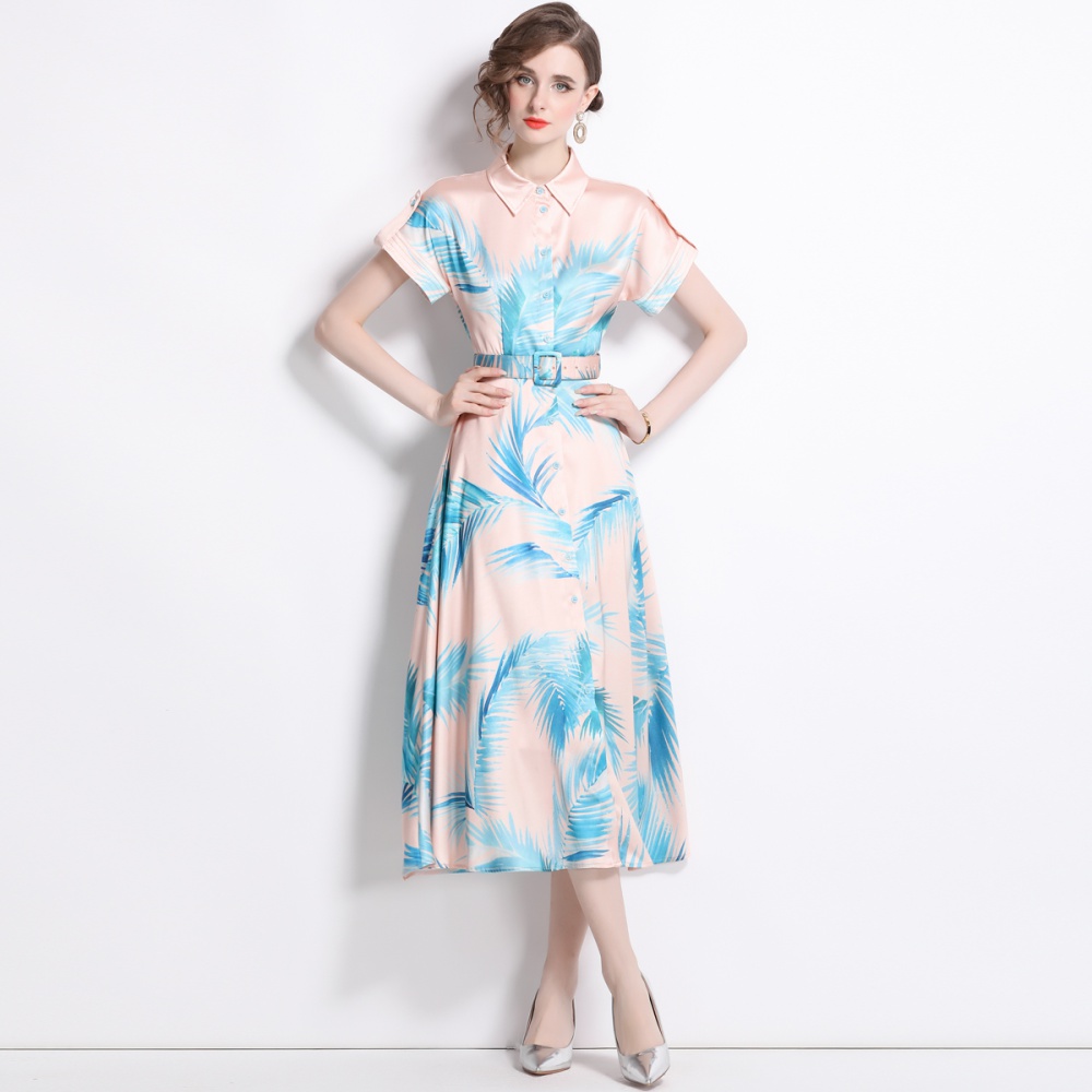 Summer lapel long dress printing short sleeve dress