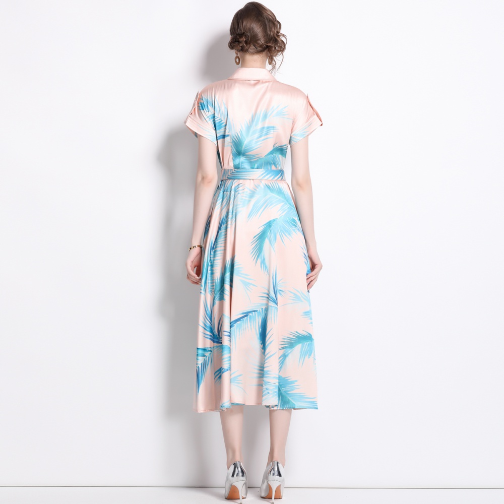 Summer lapel long dress printing short sleeve dress