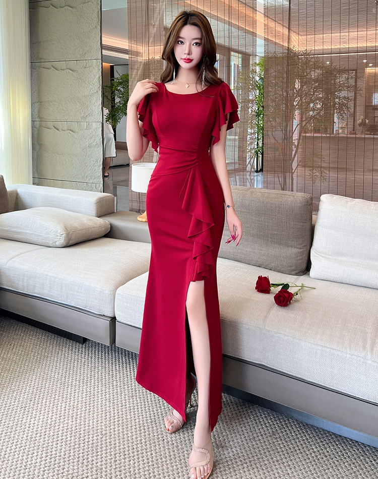 Temperament slim dress long boats sleeve evening dress