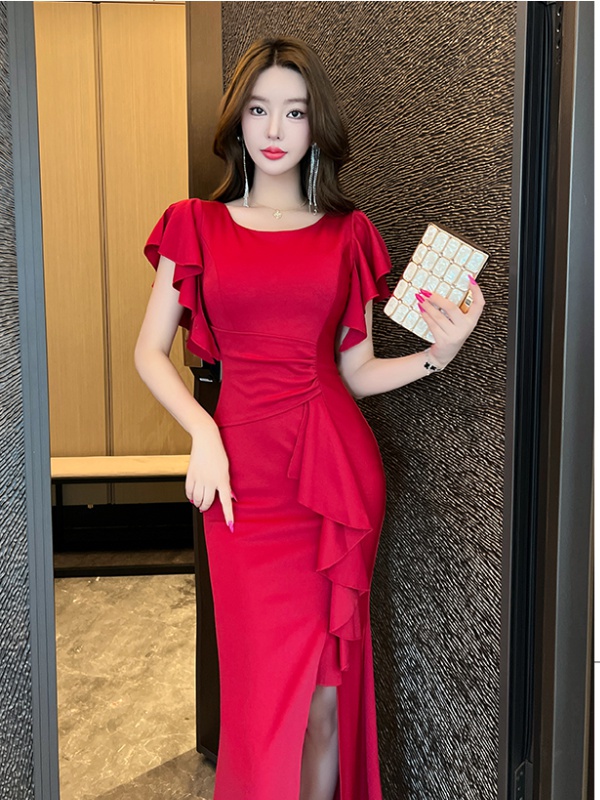 Temperament slim dress long boats sleeve evening dress