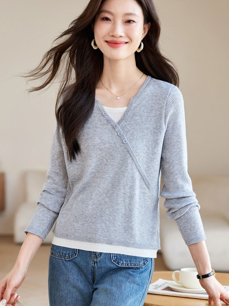 Slim round neck sweater Pseudo-two autumn T-shirt