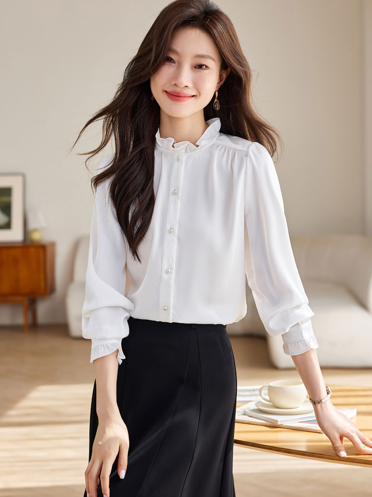 Autumn fungus tops white cstand collar shirt for women