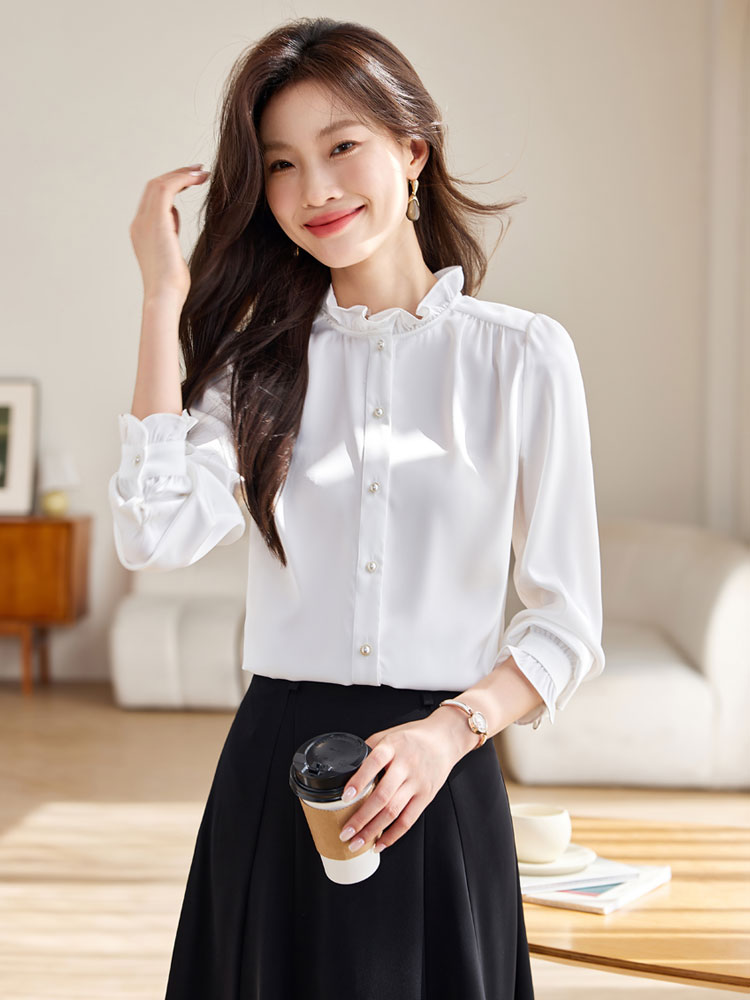 Autumn fungus tops white cstand collar shirt for women