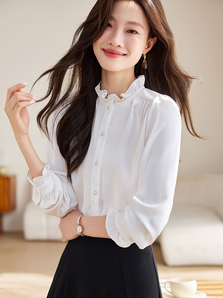 Autumn fungus tops white cstand collar shirt for women