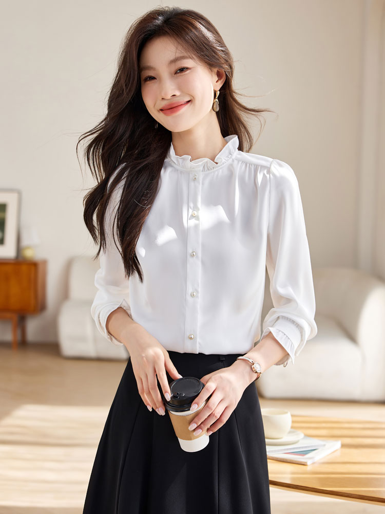 Autumn fungus tops white cstand collar shirt for women