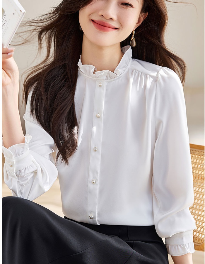 Autumn fungus tops white cstand collar shirt for women