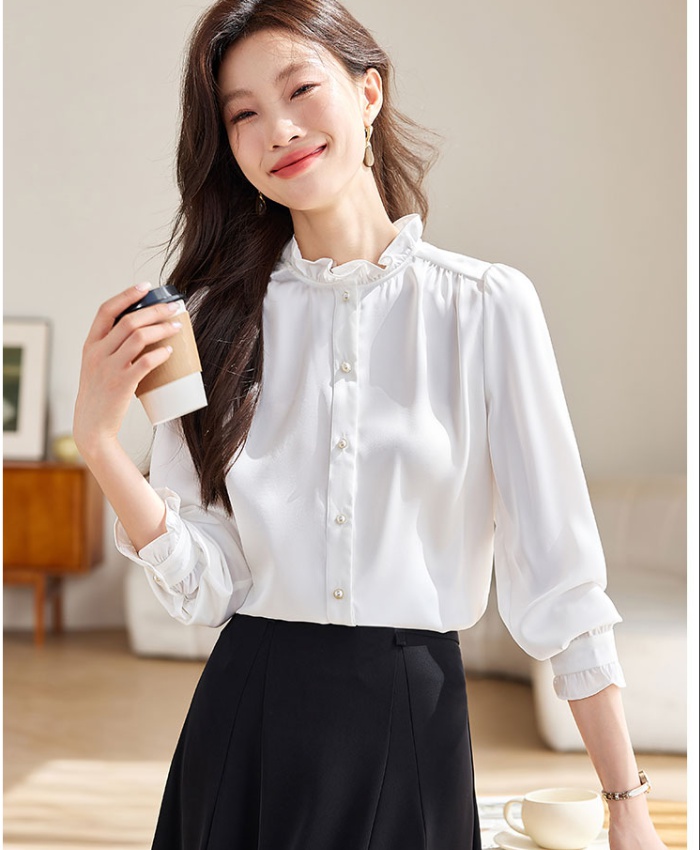 Autumn fungus tops white cstand collar shirt for women