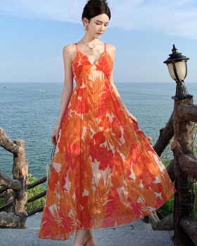 Temperament orange sling unique floral crimp dress for women