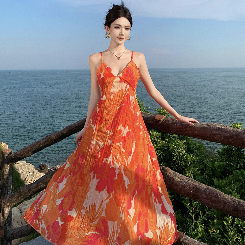 Temperament orange sling unique floral crimp dress for women