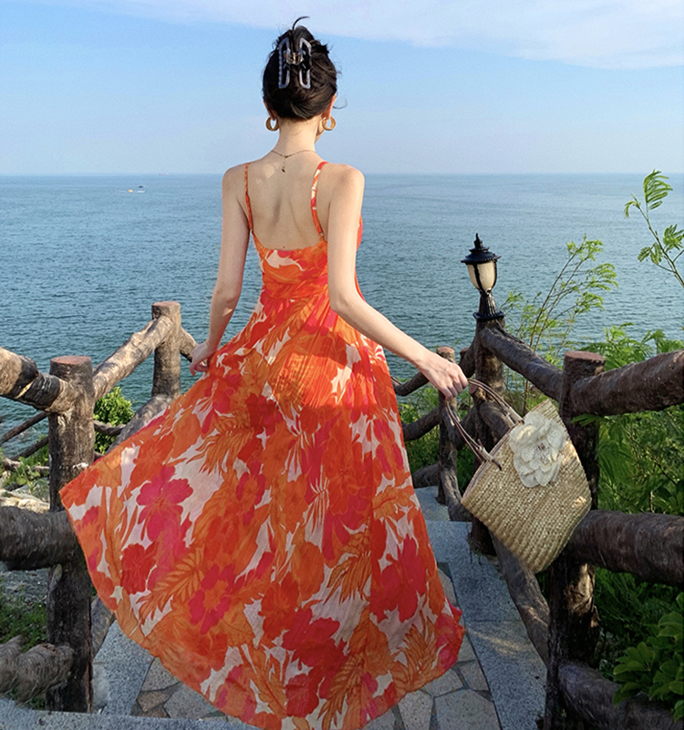 Temperament orange sling unique floral crimp dress for women