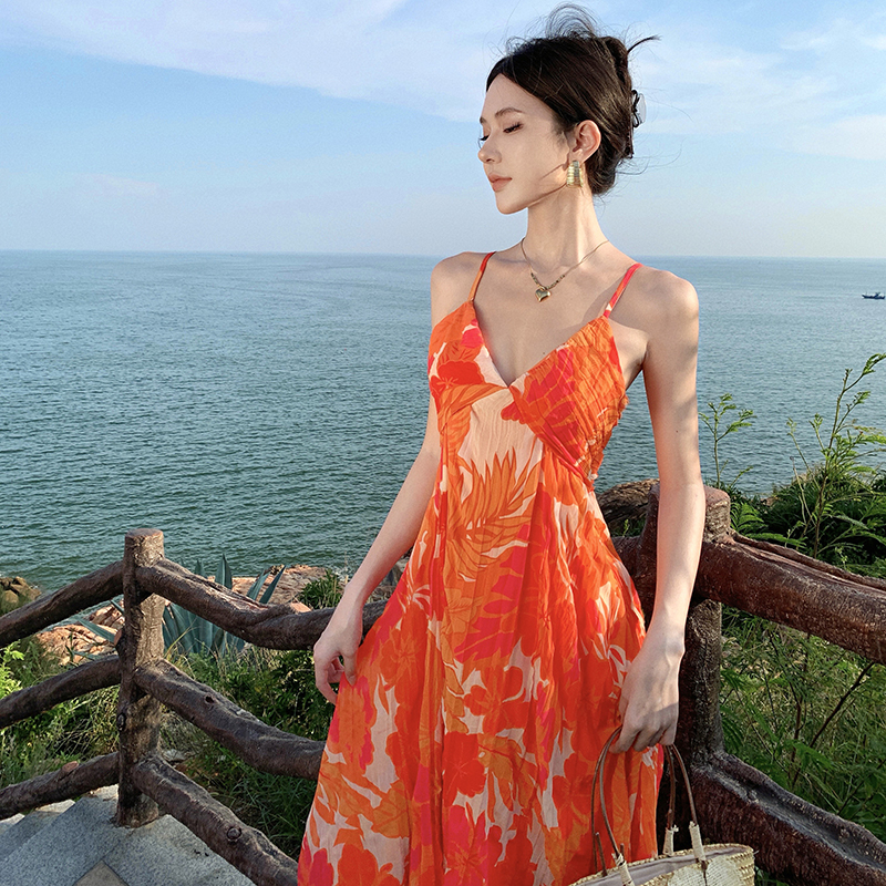 Temperament orange sling unique floral crimp dress for women