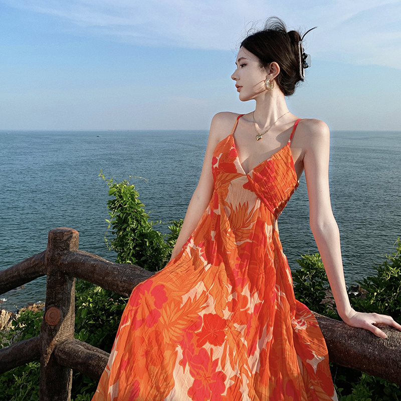 Temperament orange sling unique floral crimp dress for women