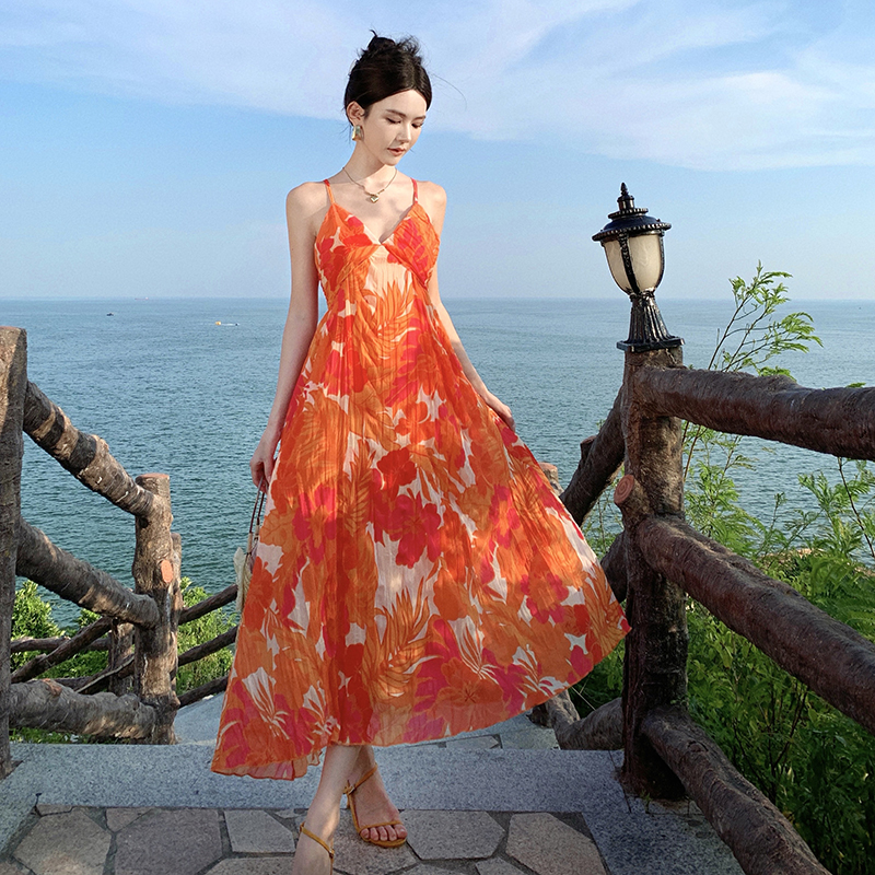 Temperament orange sling unique floral crimp dress for women