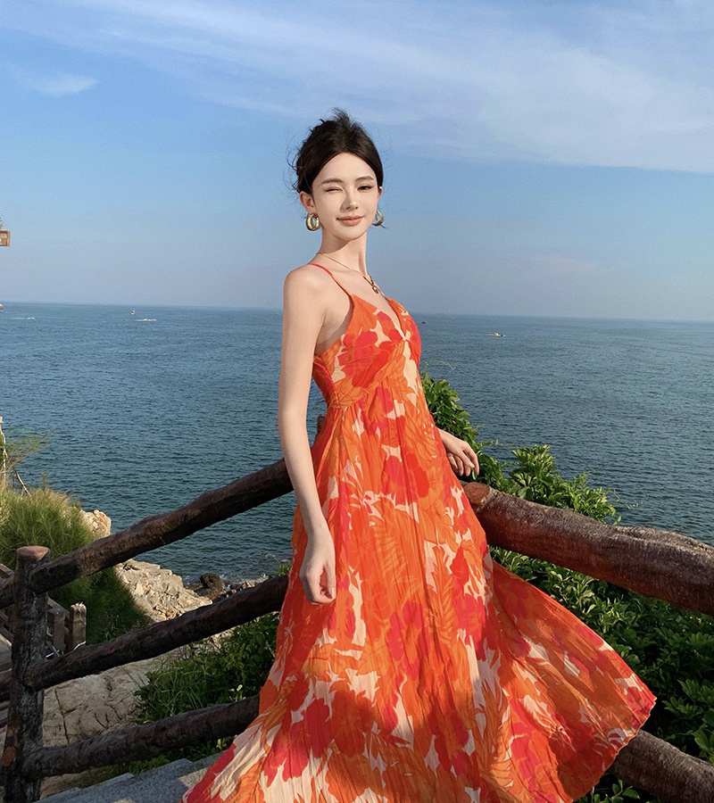 Temperament orange sling unique floral crimp dress for women