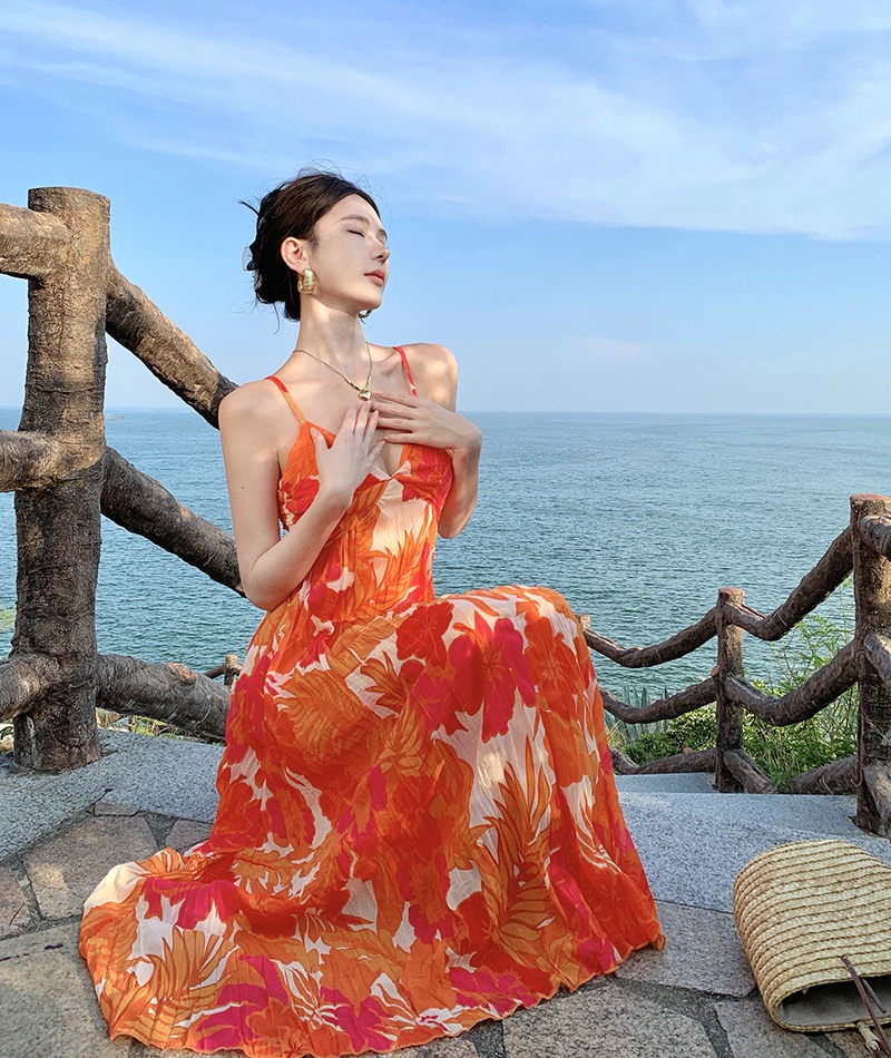 Temperament orange sling unique floral crimp dress for women