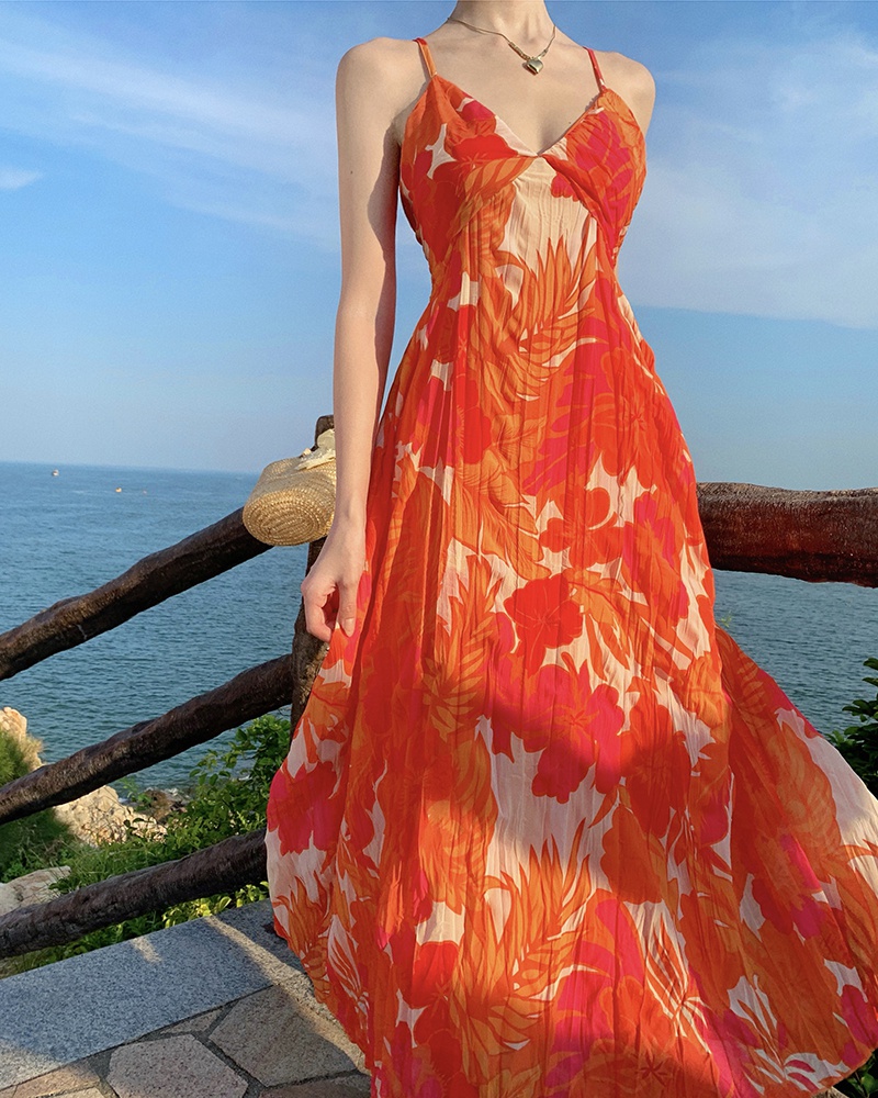 Temperament orange sling unique floral crimp dress for women