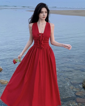 Pinched waist retro red vacation frenum dress for women