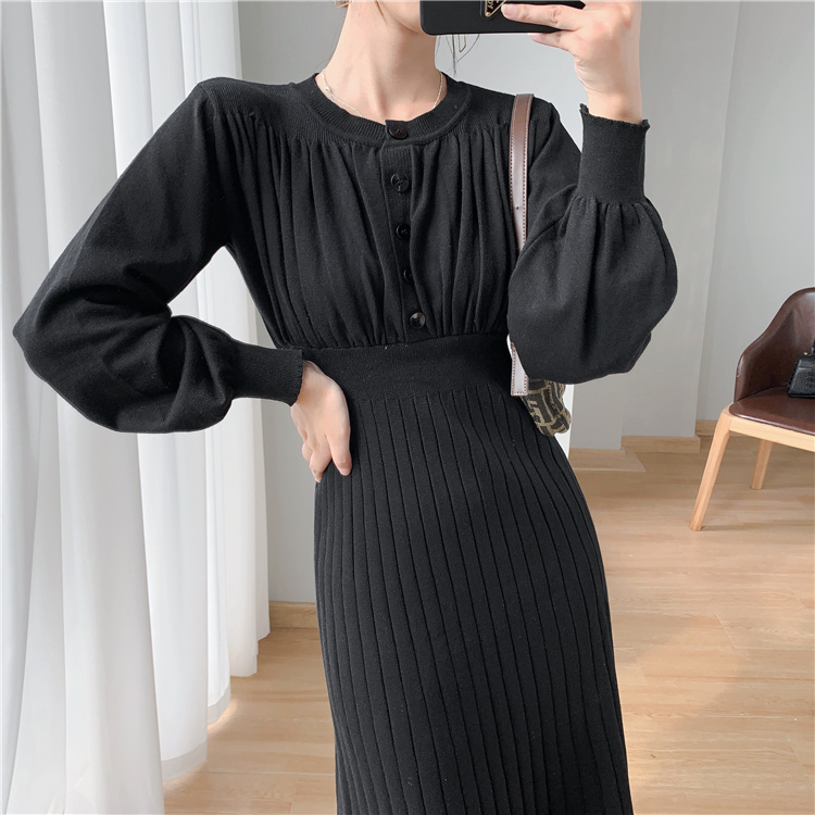 Pinched waist dress lantern sleeve sweater dress for women