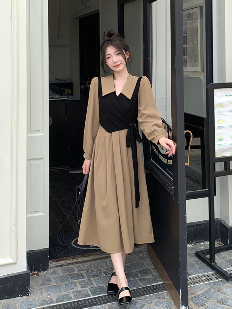 Slim France style long dress Pseudo-two long sleeve dress