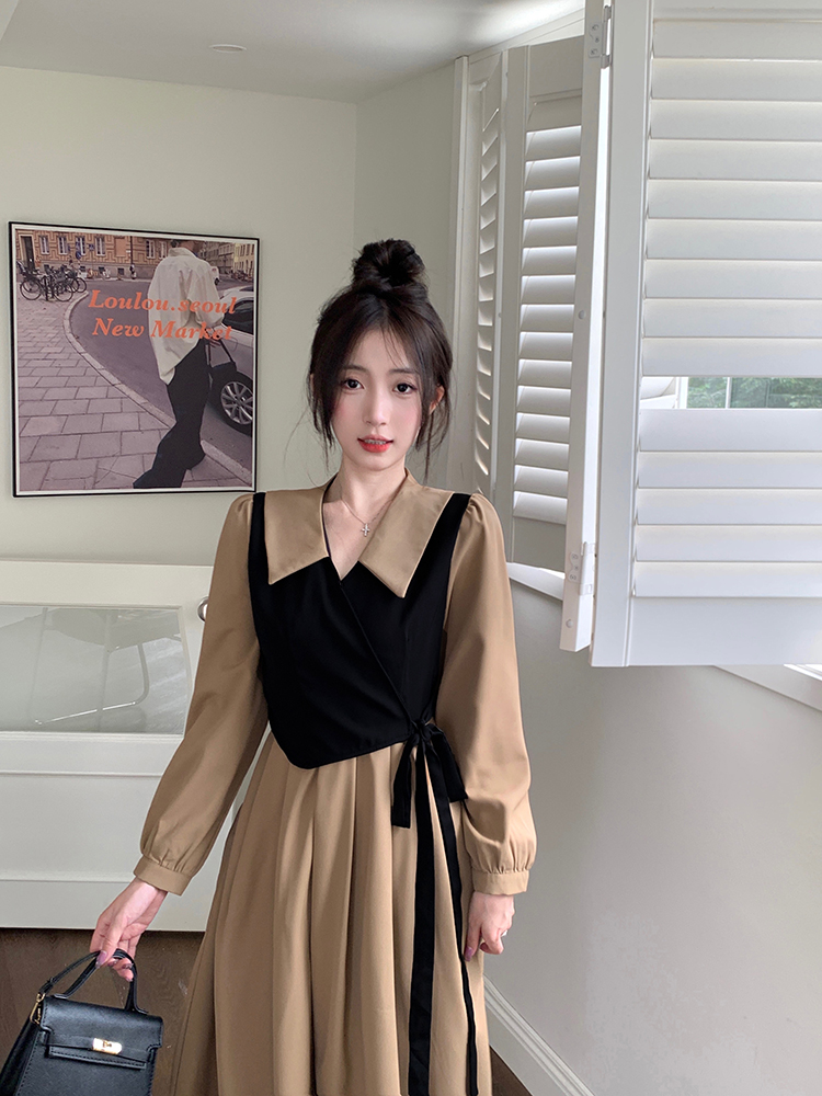 Slim France style long dress Pseudo-two long sleeve dress