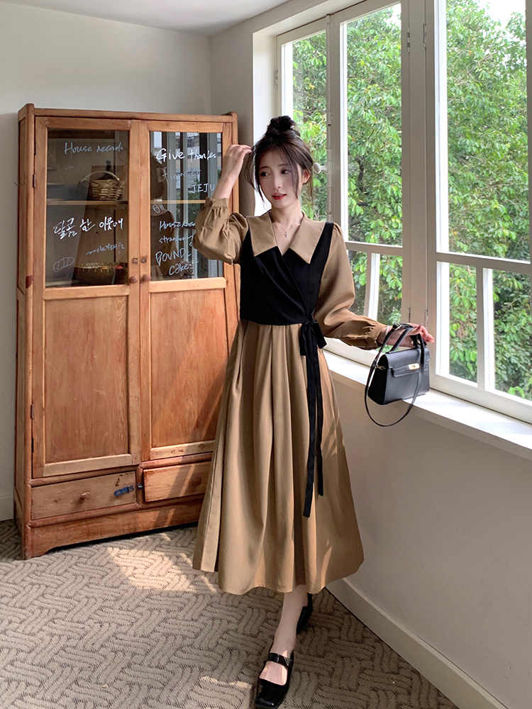 Slim France style long dress Pseudo-two long sleeve dress