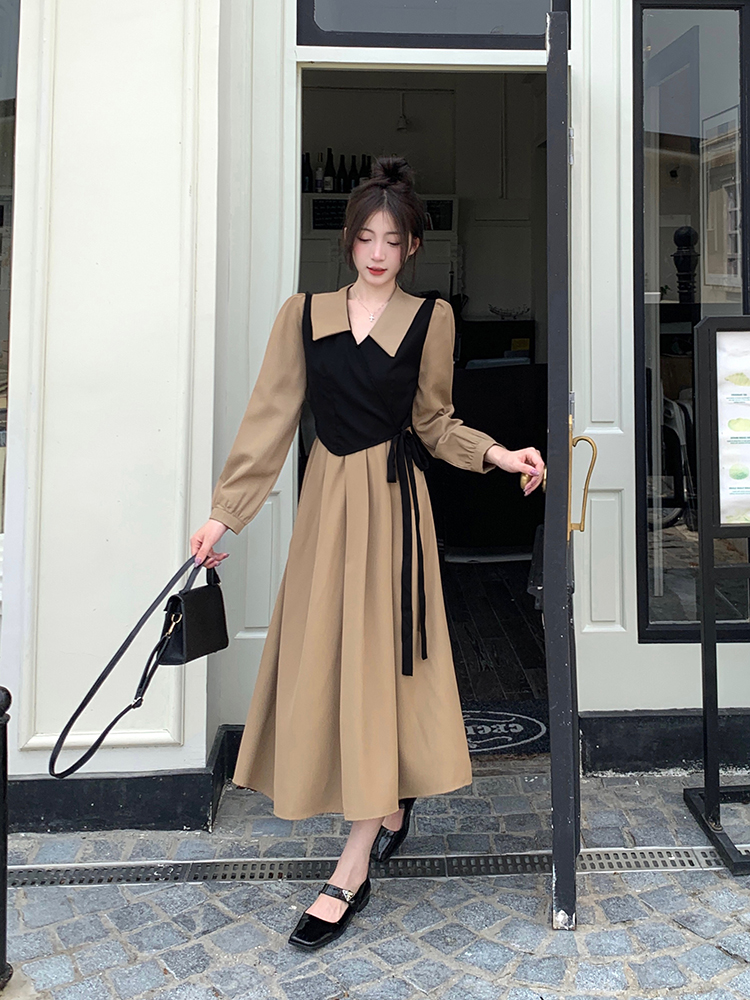 Slim France style long dress Pseudo-two long sleeve dress