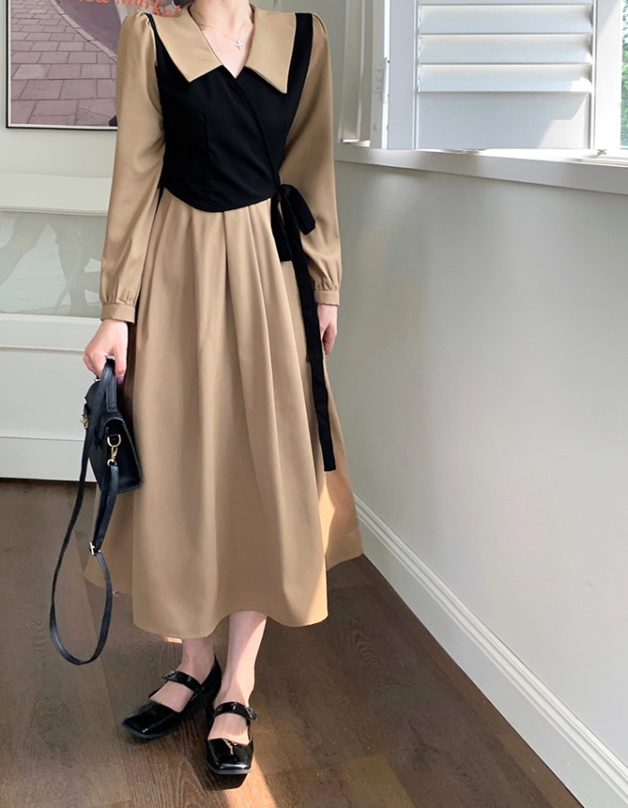 Slim France style long dress Pseudo-two long sleeve dress