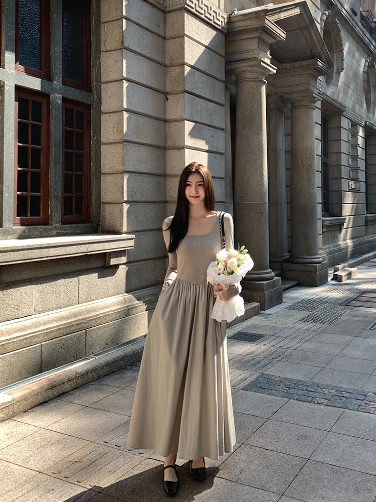 Simple autumn slim Hepburn style long elegant dress for women