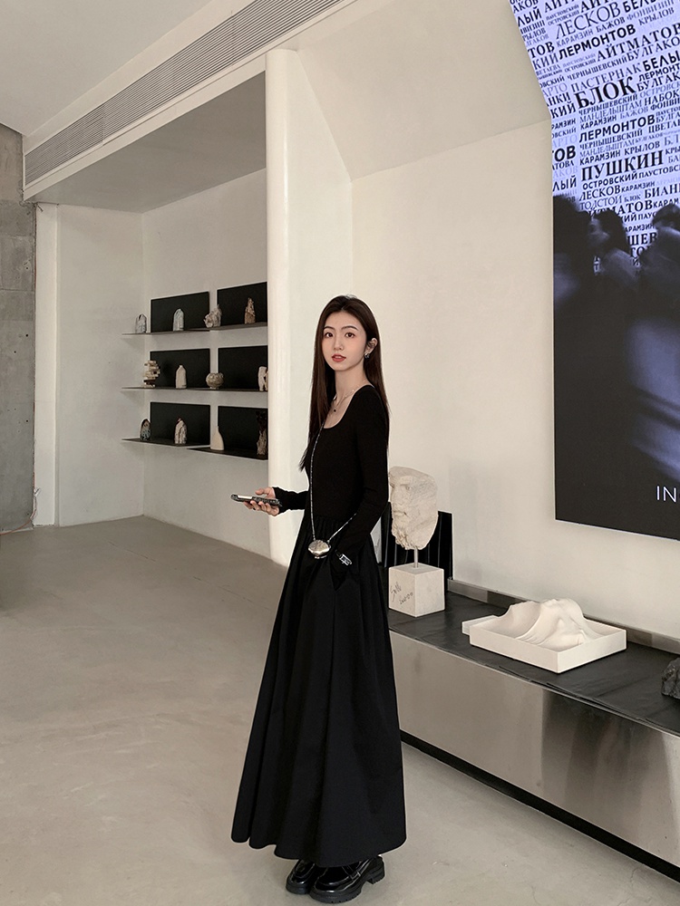 Simple autumn slim Hepburn style long elegant dress for women