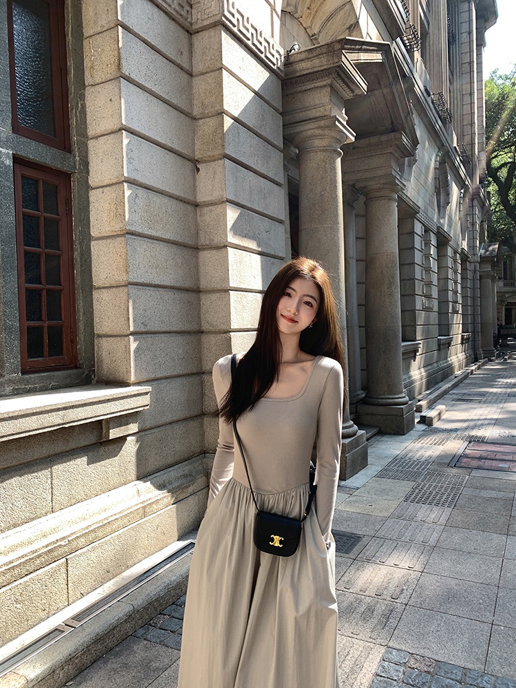 Simple autumn slim Hepburn style long elegant dress for women