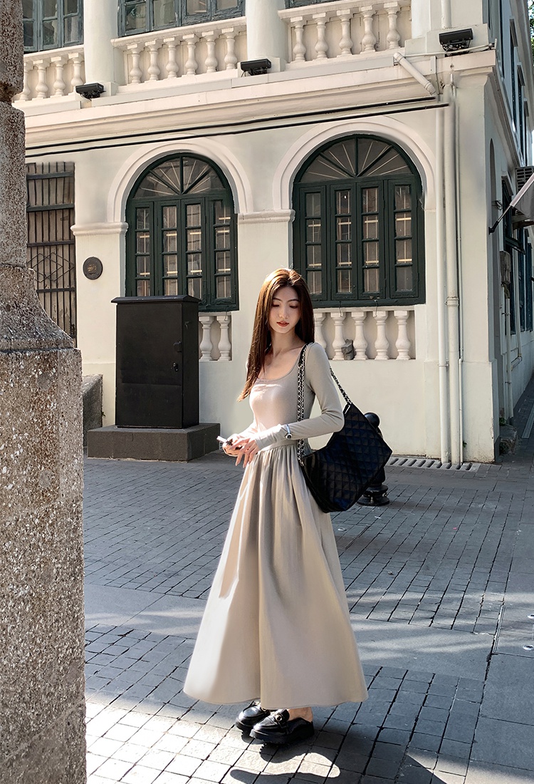 Simple autumn slim Hepburn style long elegant dress for women