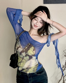 Elasticity shoulder autumn wood ear butterfly tight T-shirt