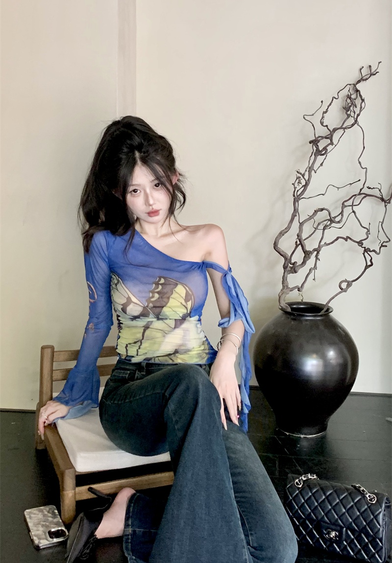 Elasticity shoulder autumn wood ear butterfly tight T-shirt