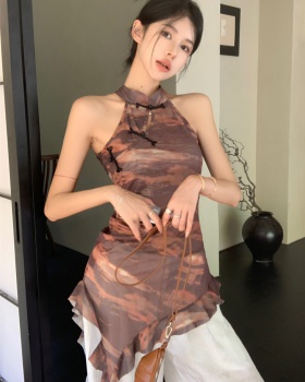 Summer tie dye vest gauze halter cheongsam for women