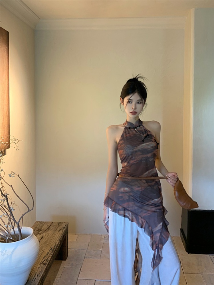 Summer tie dye vest gauze halter cheongsam for women