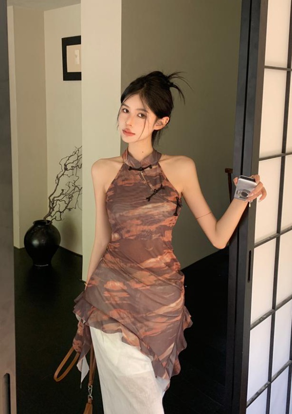 Summer tie dye vest gauze halter cheongsam for women