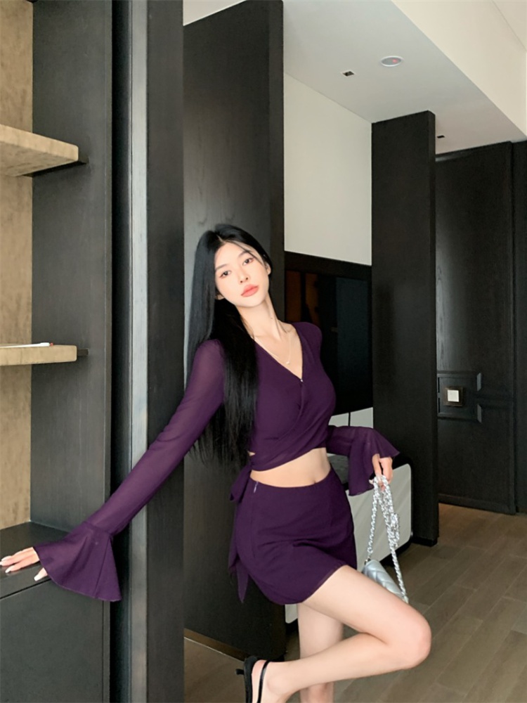 Short short skirt purple shirt 2pcs set for women