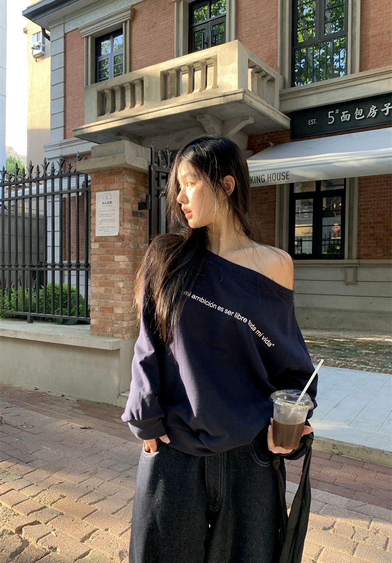 Sloping shoulder lazy autumn tops Casual all-match hoodie